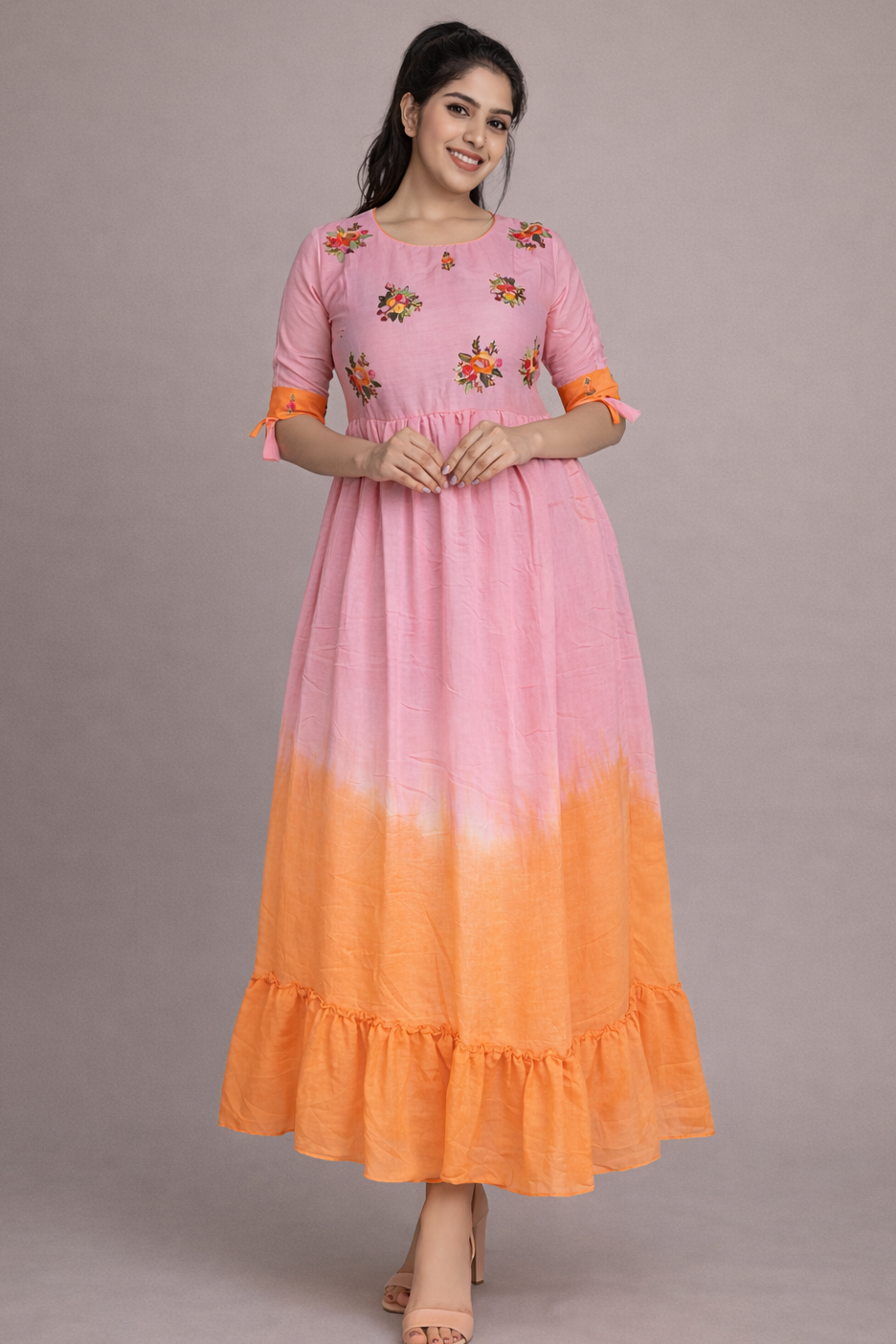 Pink Orange Mulchantheri Tie-Dye Hand-Embroidered Frock
