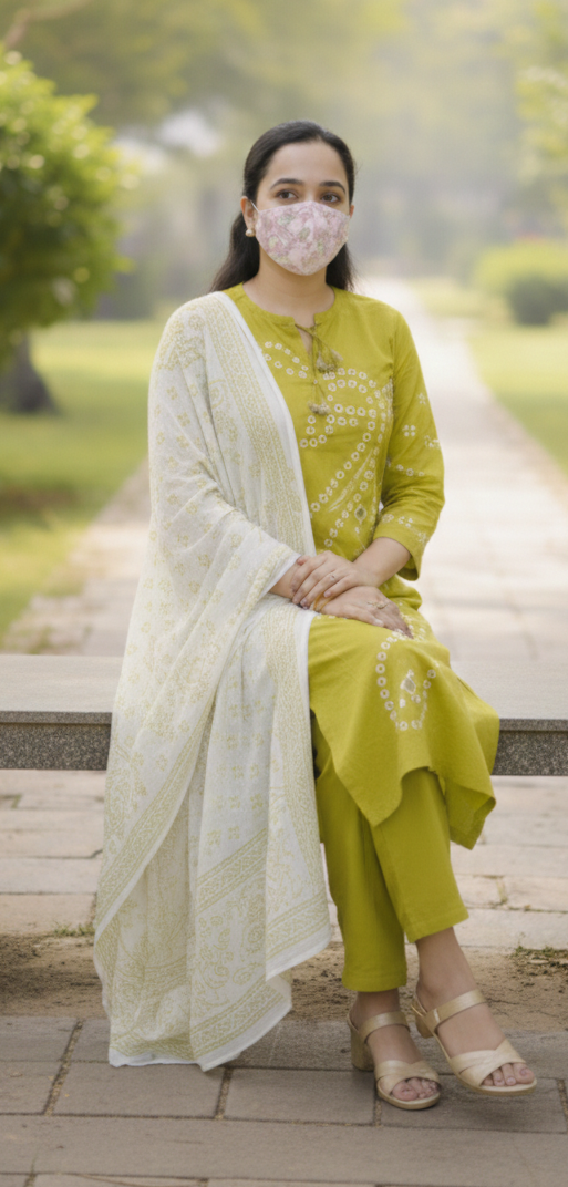 Olive Lime Green in Pure Mul Cotton 3 pc Kurti set