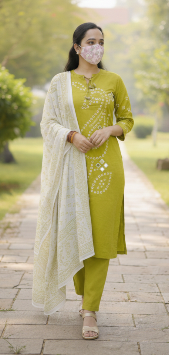 Olive Lime Green in Pure Mul Cotton 3 pc Kurti set
