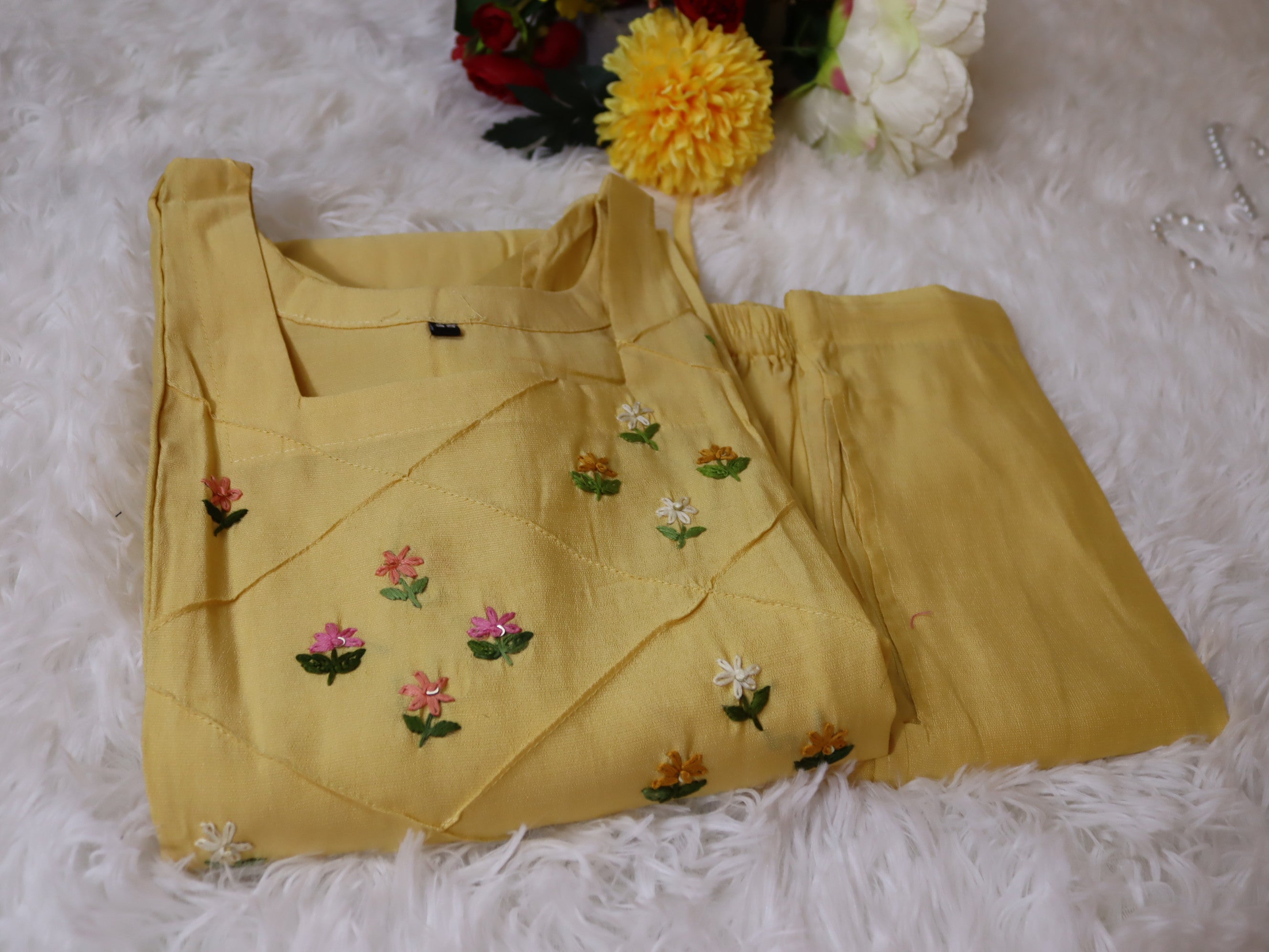 Lemon Yellow Floral Hand-Embroidered Glacial Cotton Co-ord Set