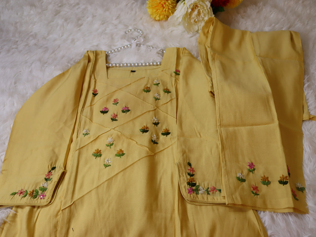 Lemon Yellow Floral Hand-Embroidered Glacial Cotton Co-ord Set