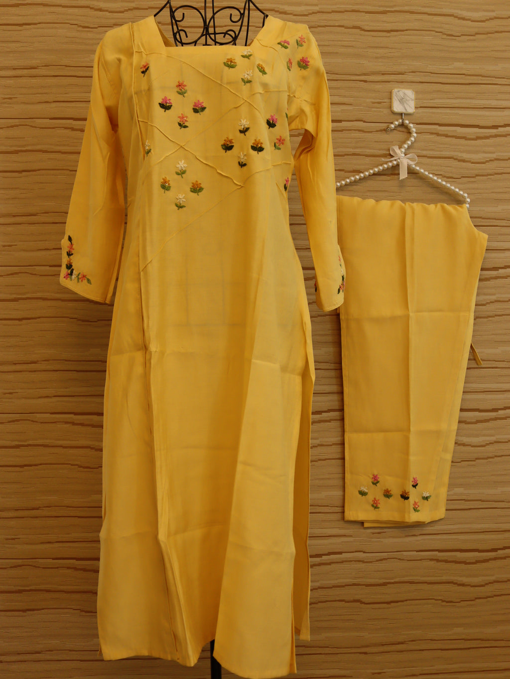 Lemon Yellow Floral Hand-Embroidered Glacial Cotton Co-ord Set