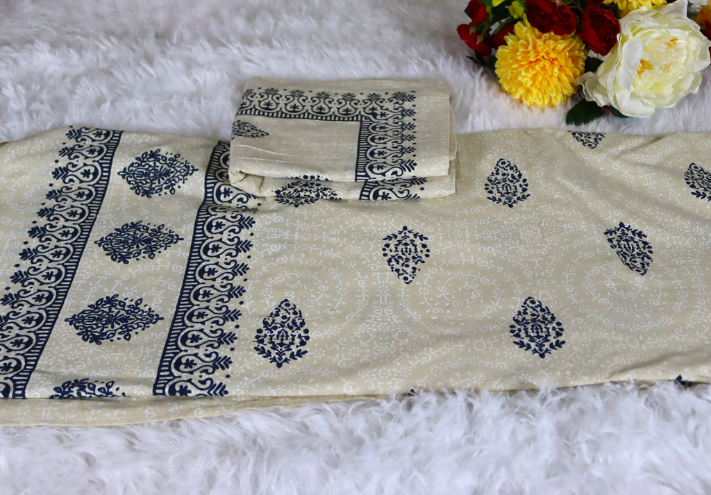Beige & Indigo Blue Teardrop Cotton Bedsheet