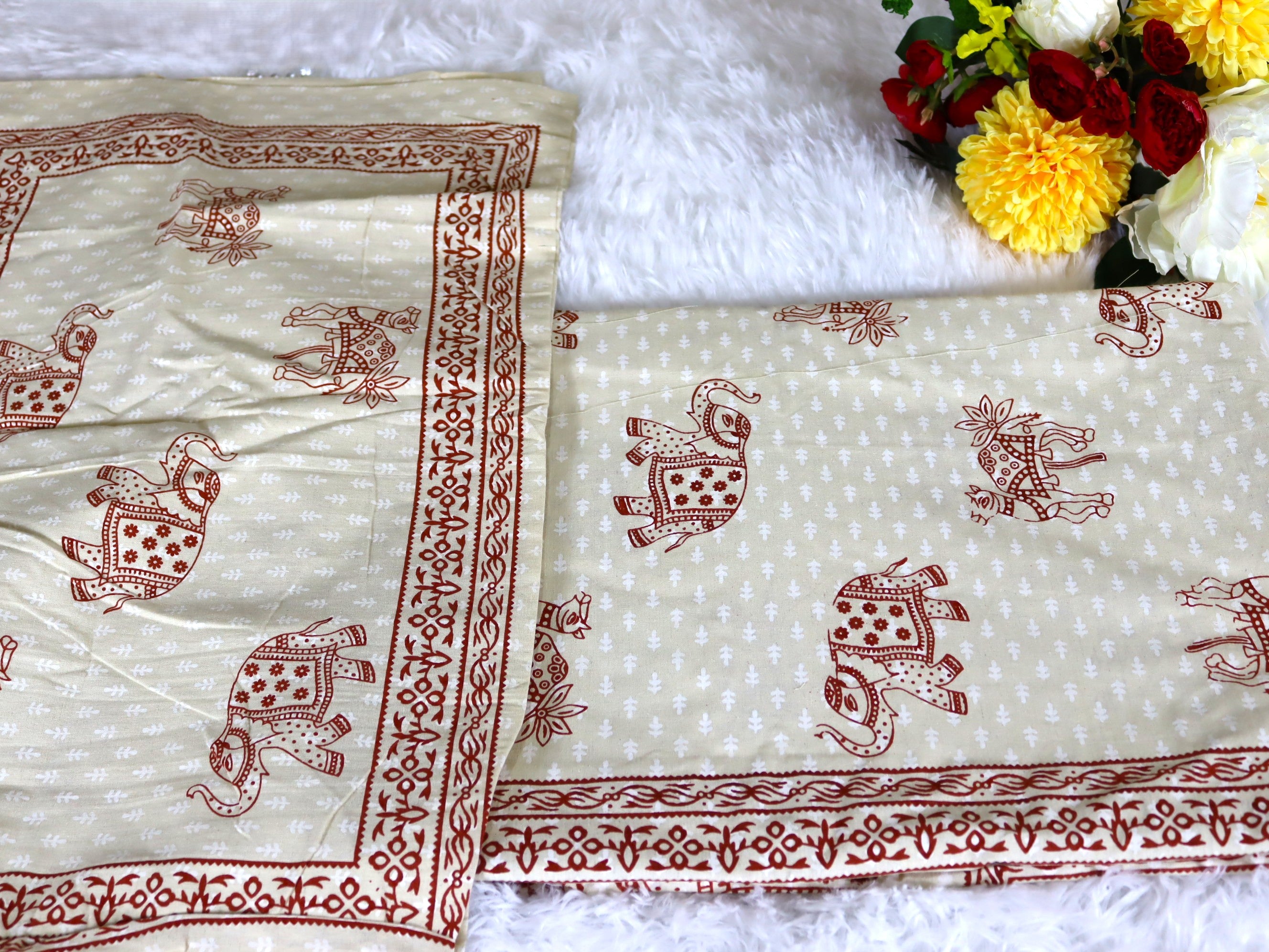 Beige Terracotta Elephant & Camel Motif Cotton Bedsheet