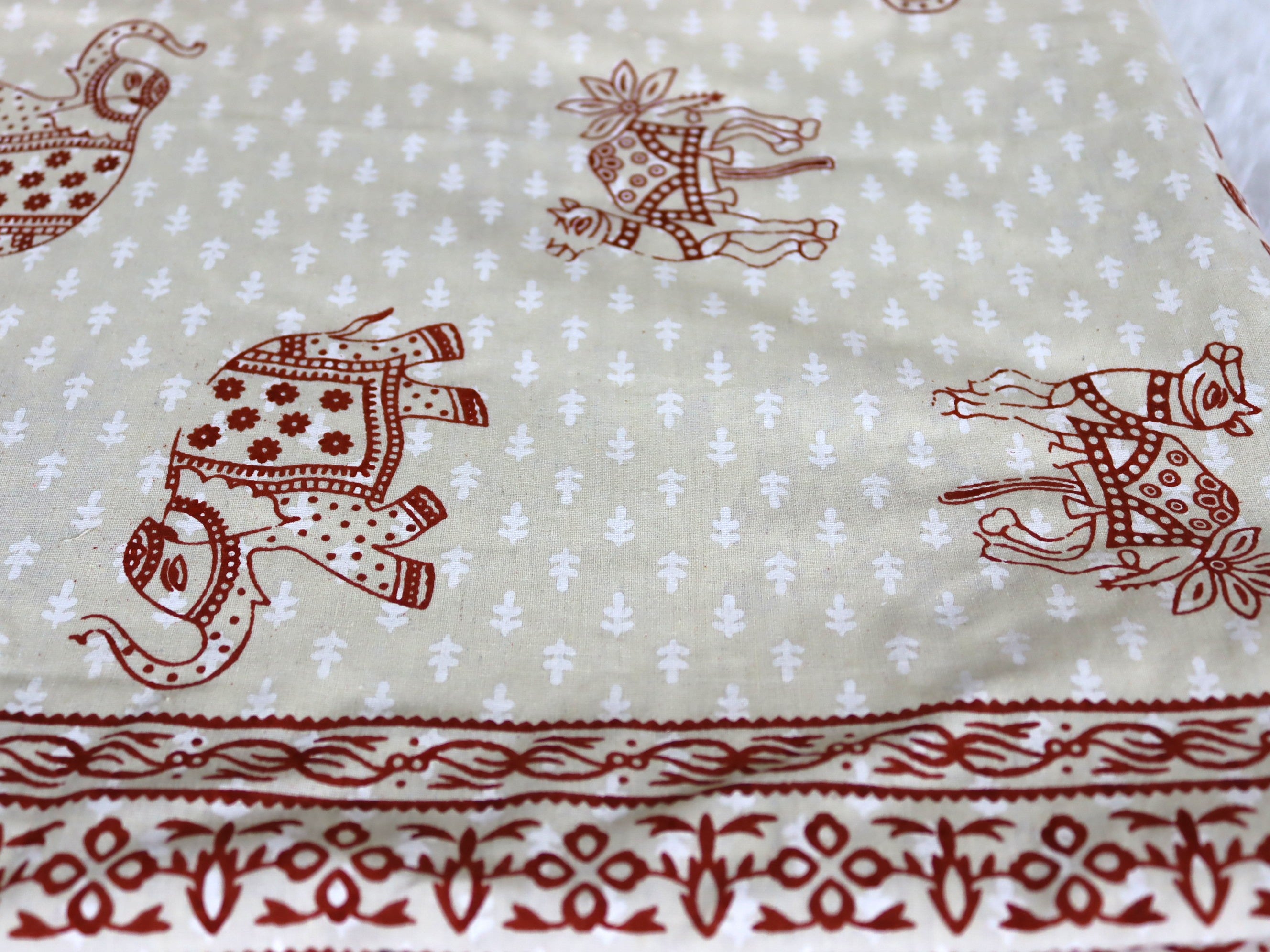 Beige Terracotta Elephant & Camel Motif Cotton Bedsheet