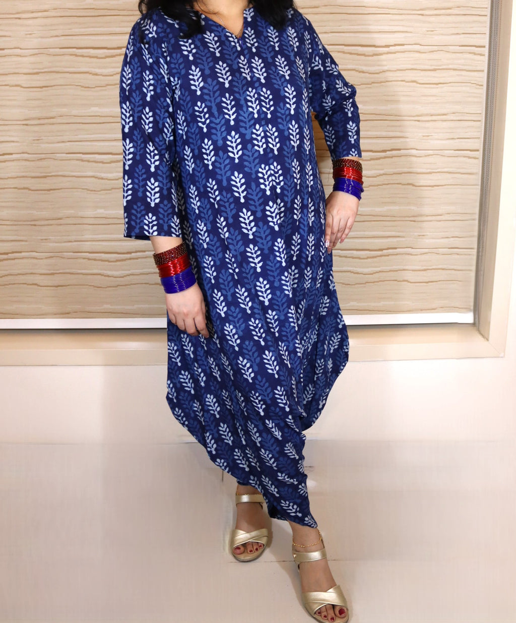 Indigo Leaf Block-Print Dhoti Jumpsuit