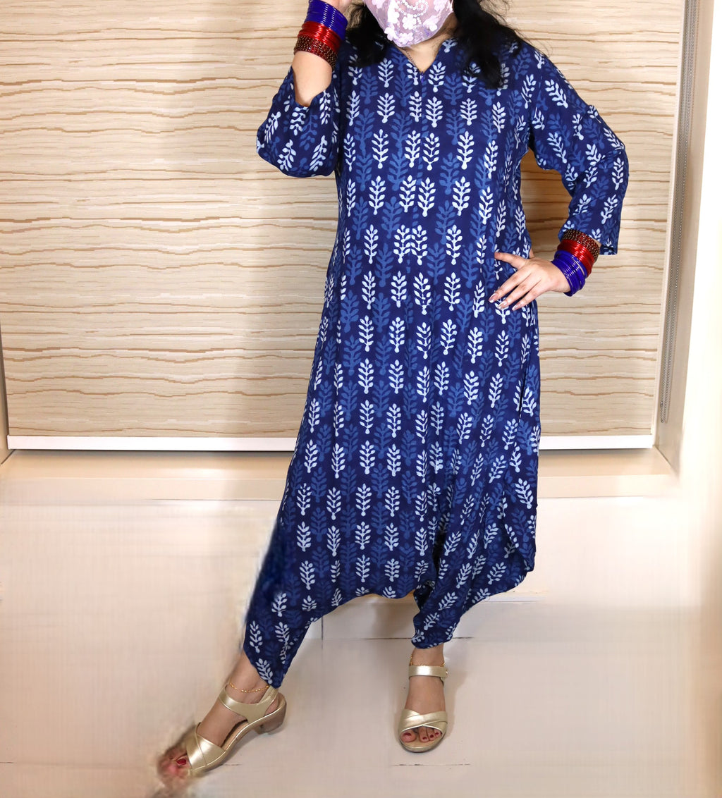 Indigo Leaf Block-Print Dhoti Jumpsuit
