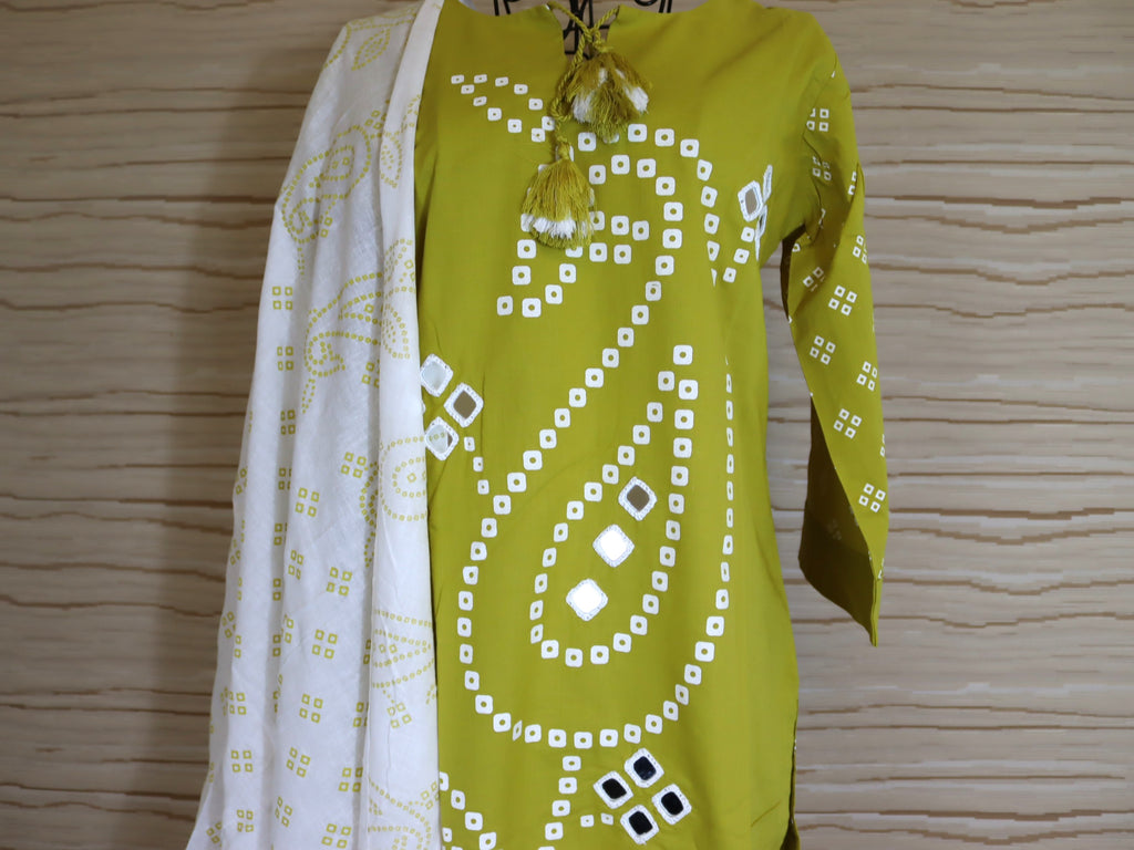 Olive Lime Green in Pure Mul Cotton 3 pc Kurti set