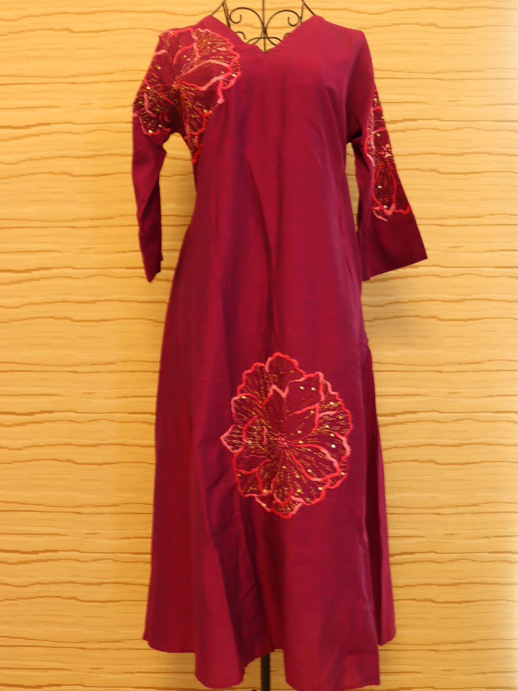 Magenta Slub Silk Ethnic Dress with pockets