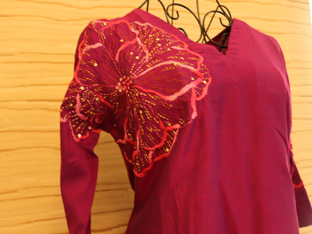 Magenta Slub Silk Ethnic Dress with pockets