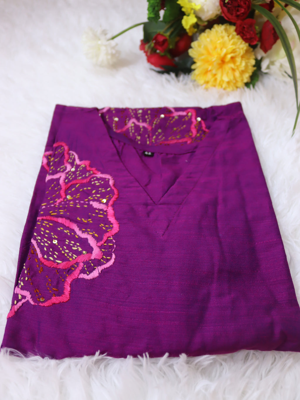 Magenta Slub Silk Ethnic Dress with pockets