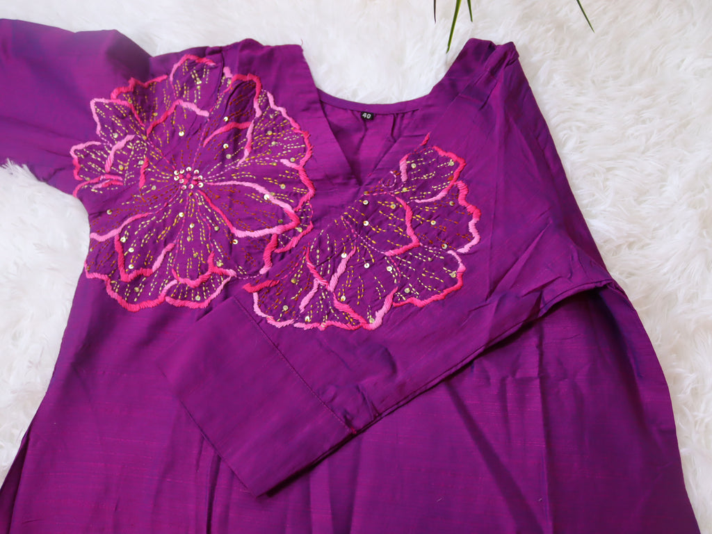 Magenta Slub Silk Ethnic Dress with pockets