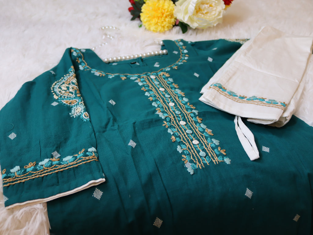 Teal Green Hand Embroidered Jamdani Co-ord Set