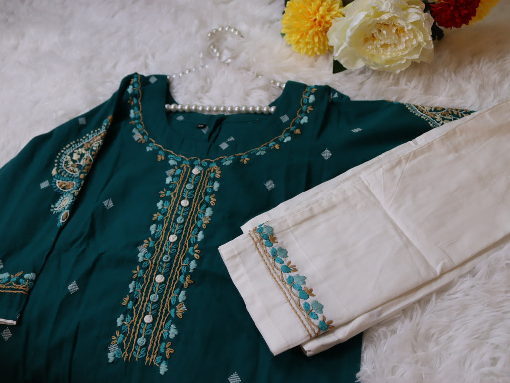 Teal Green Hand Embroidered Jamdani Co-ord Set