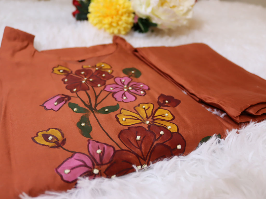 Brown Orange Roman Silk Hand-Painted Kurta Set