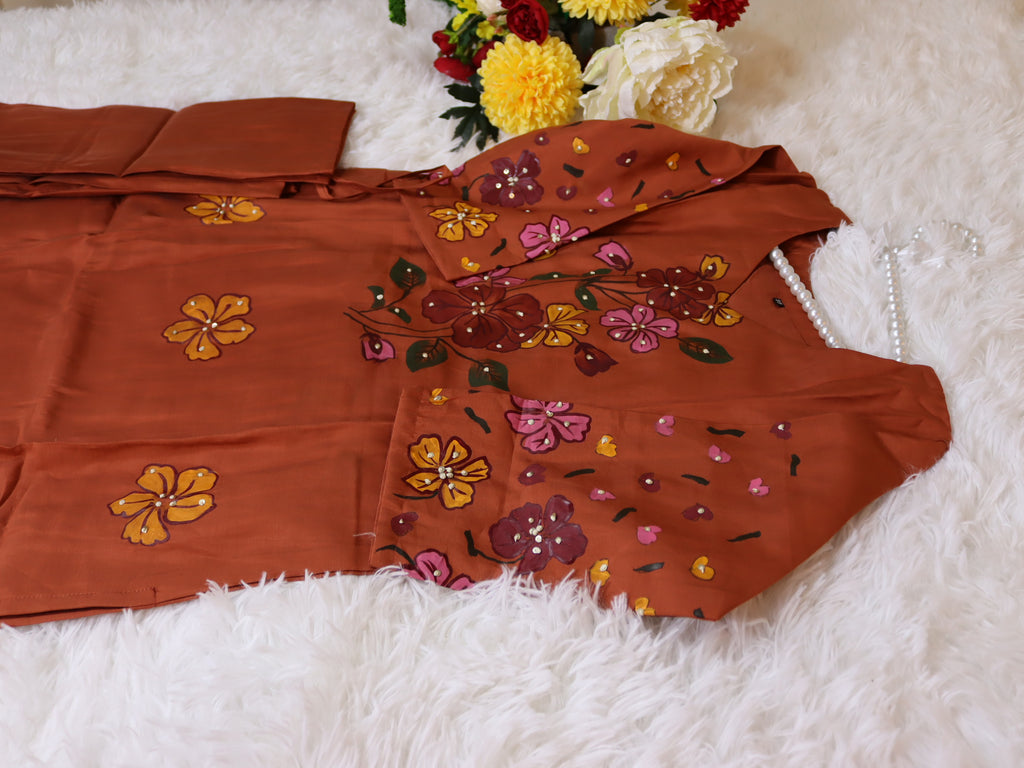 Brown Orange Roman Silk Hand-Painted Kurta Set