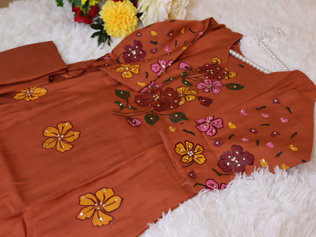 Brown Orange Roman Silk Hand-Painted Kurta Set