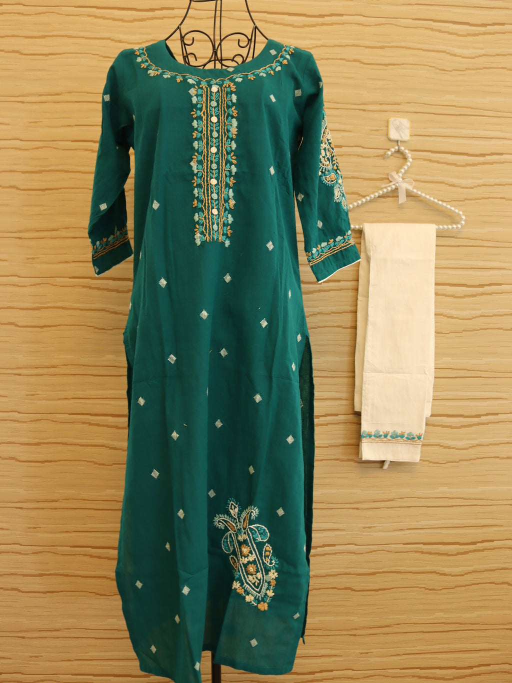 Teal Green Hand Embroidered Jamdani Co-ord Set