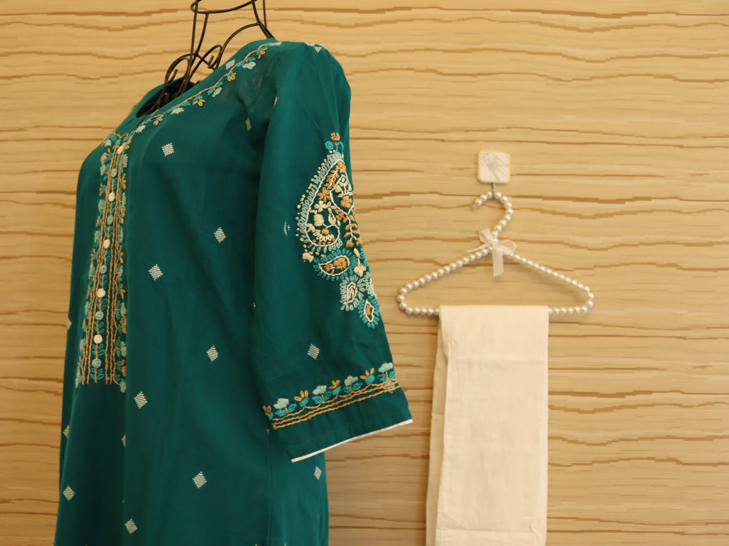 Teal Green Hand Embroidered Jamdani Co-ord Set