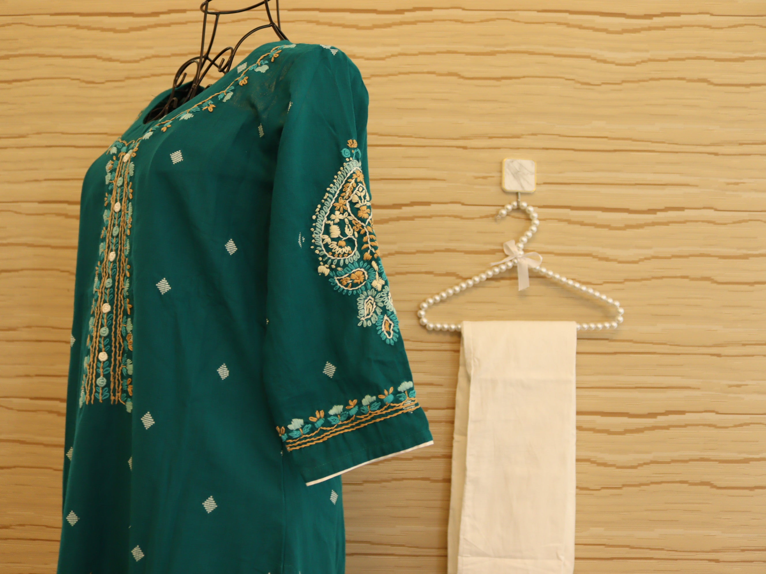 Teal Green Hand Embroidered Jamdani Co-ord Set