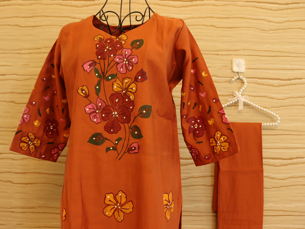 Brown Orange Roman Silk Hand-Painted Kurta Set