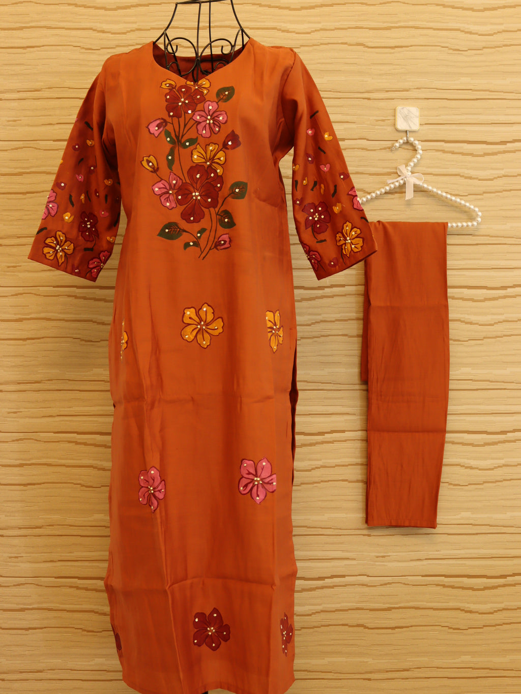 Brown Orange Roman Silk Hand-Painted Kurta Set