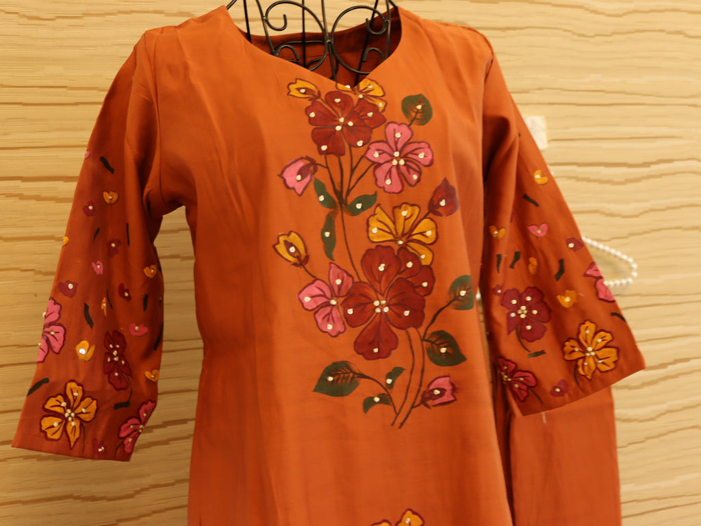 Brown Orange Roman Silk Hand-Painted Kurta Set