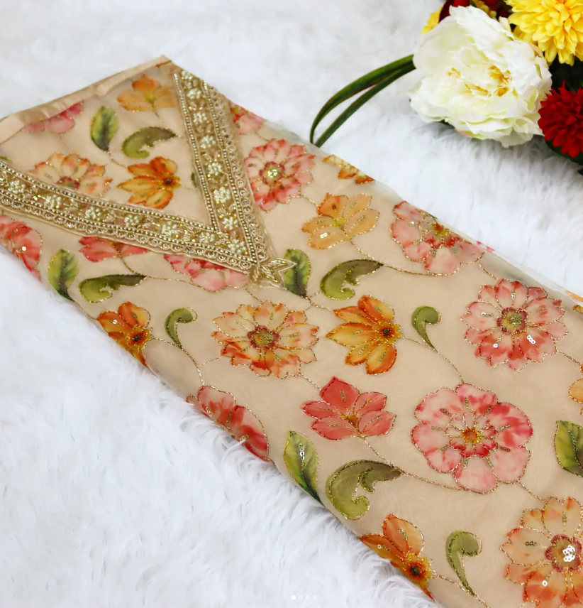 Cream Beige Organza Churidar Material