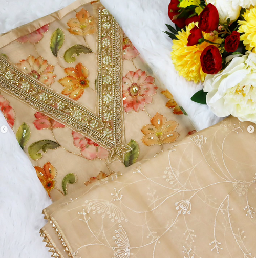 Cream Beige Organza Churidar Material