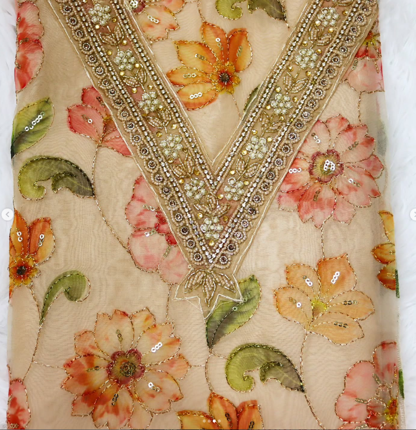 Cream Beige Organza Churidar Material