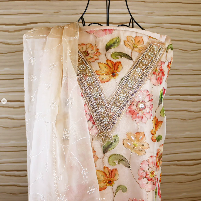 Cream Beige Organza Churidar Material
