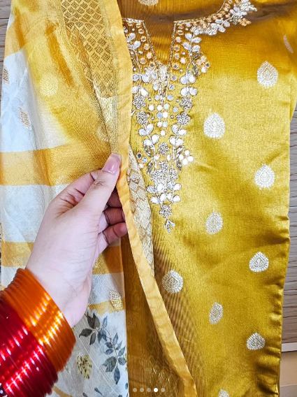 Mustard cotton silk semistitched suit set
