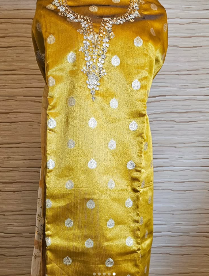 Mustard cotton silk semistitched suit set