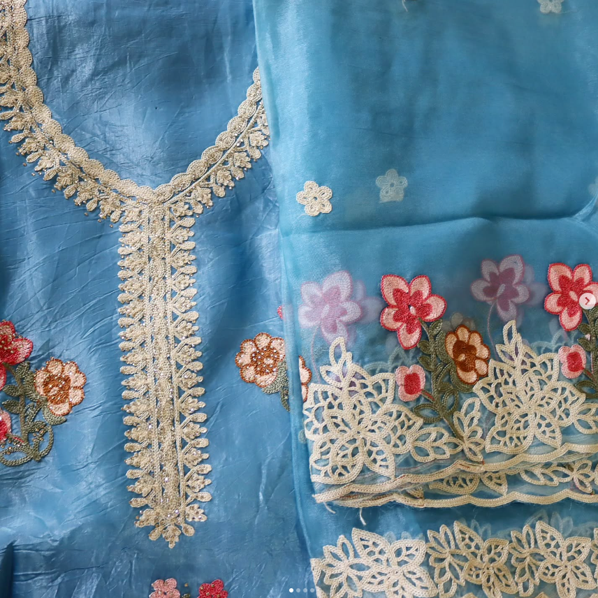 Powder blue crush cotton semi-stitched suit
