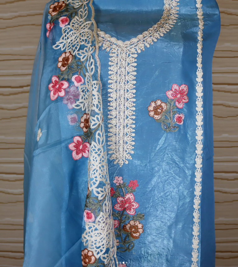Powder blue crush cotton semi-stitched suit