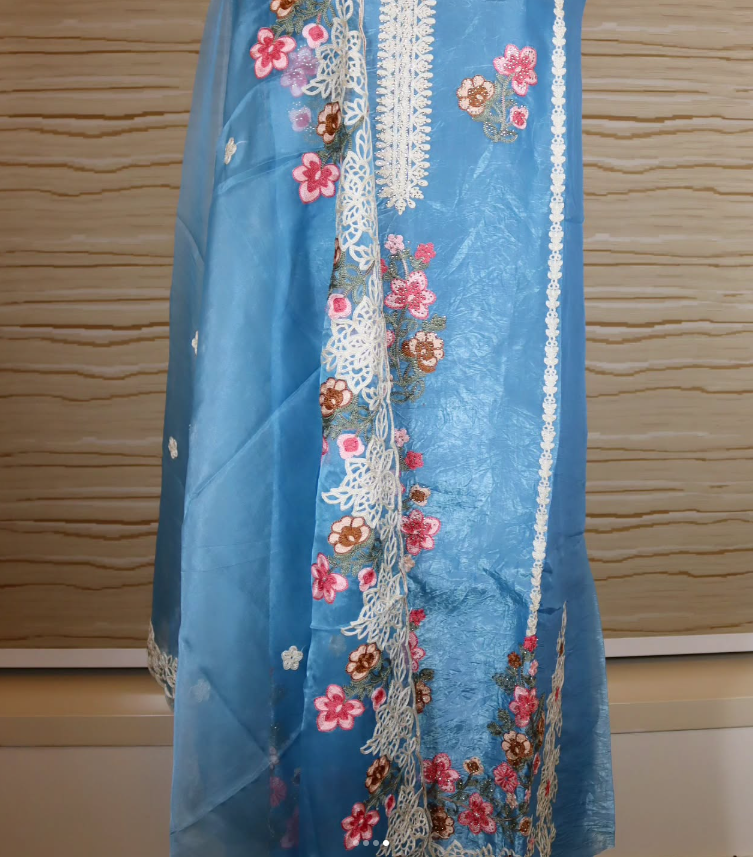 Powder blue crush cotton semi-stitched suit