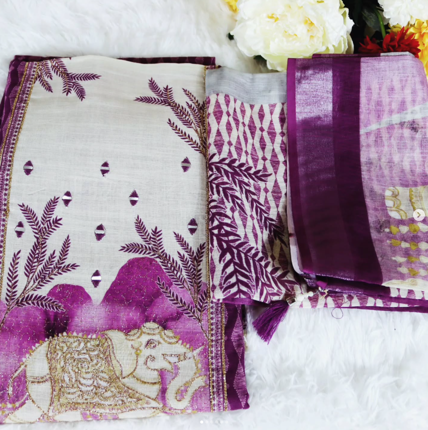 Purple Royal Gaj Motif Linen-Cotton Set