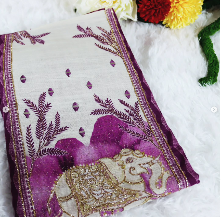 Purple Royal Gaj Motif Linen-Cotton Set