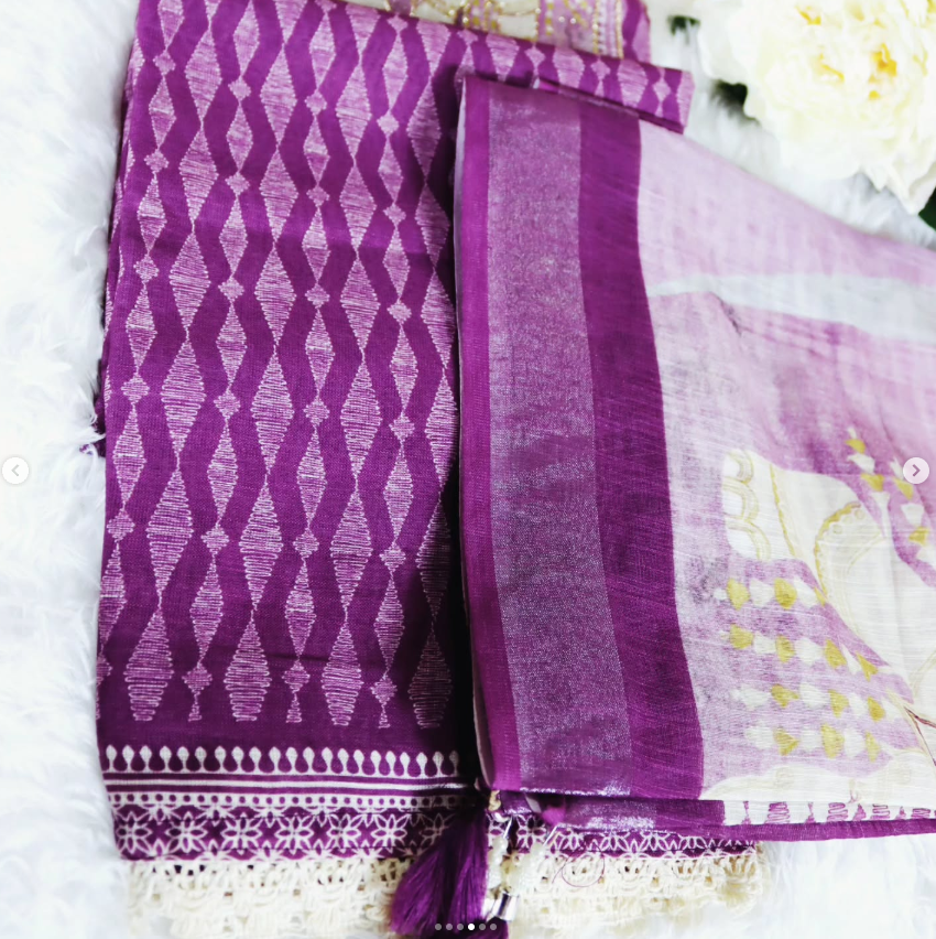 Purple Royal Gaj Motif Linen-Cotton Set