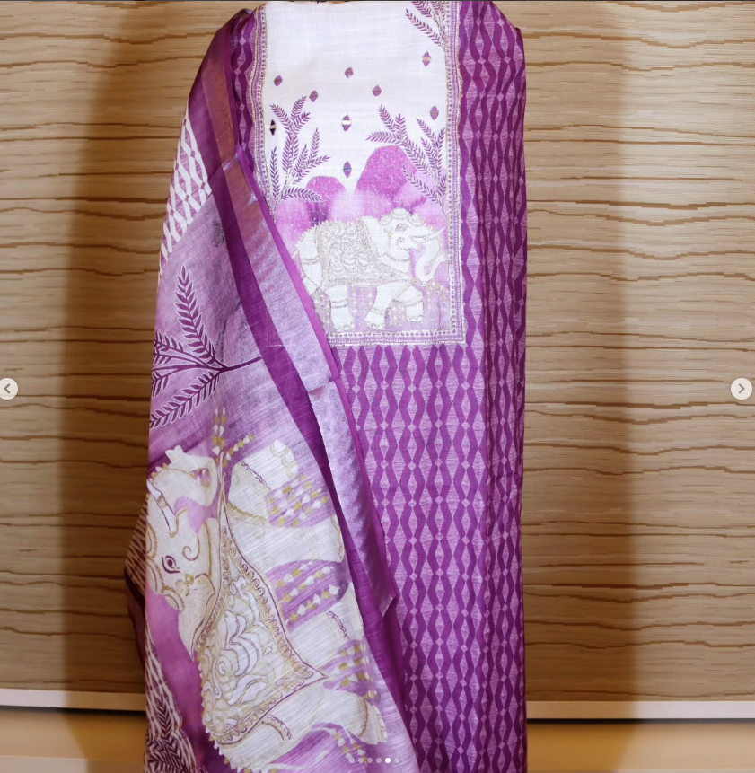 Purple Royal Gaj Motif Linen-Cotton Set
