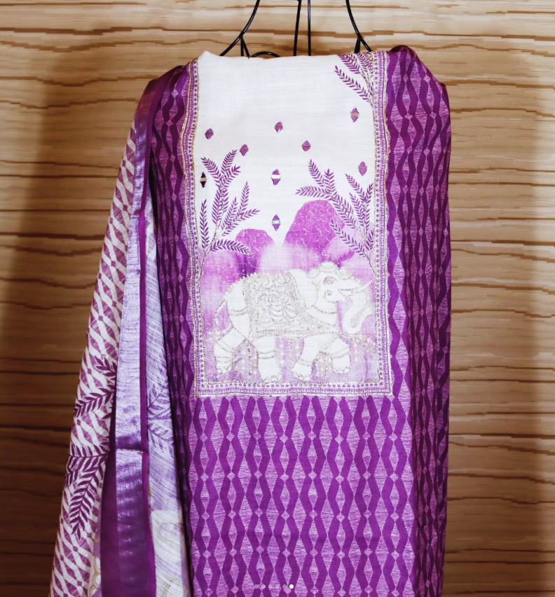 Purple Royal Gaj Motif Linen-Cotton Set