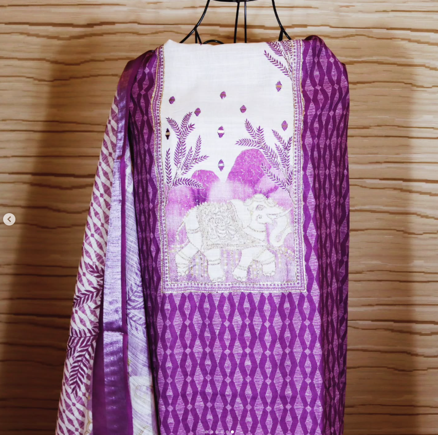 Purple Royal Gaj Motif Linen-Cotton Set