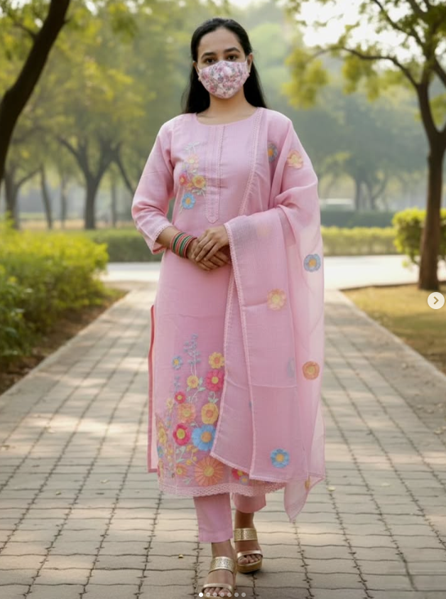 Baby Pink Kota Doria Floral 3 pc kurti Set