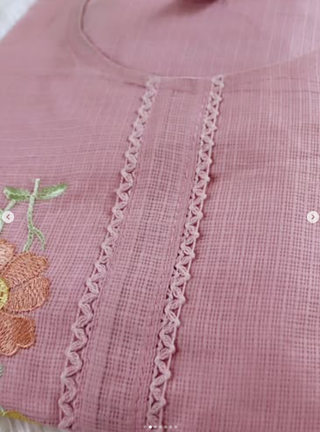 Baby Pink Kota Doria Floral 3 pc kurti Set