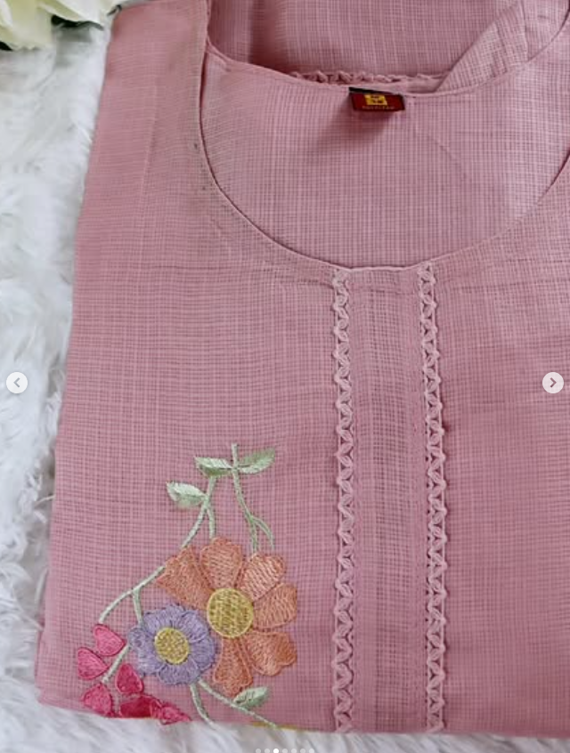 Baby Pink Kota Doria Floral 3 pc kurti Set