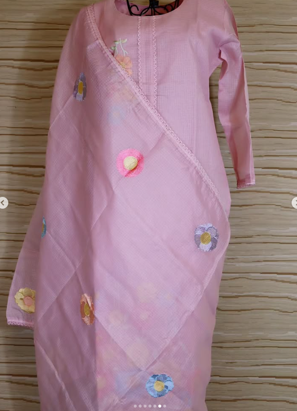 Baby Pink Kota Doria Floral 3 pc kurti Set