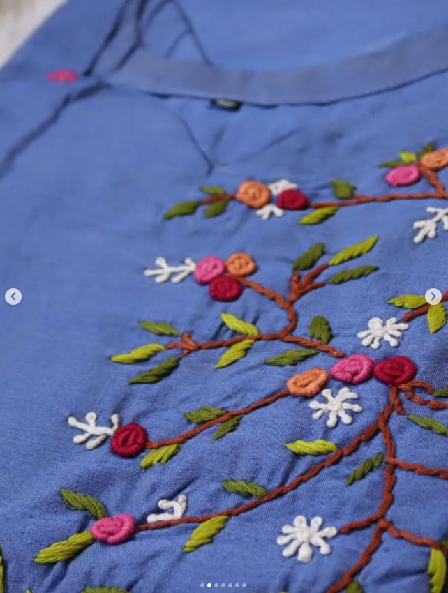 Dusky Blue Hand embroidered A-Line Raw Silk Dress
