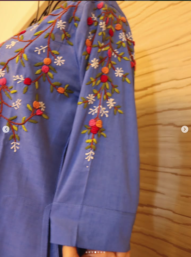 Dusky Blue Hand embroidered A-Line Raw Silk Dress