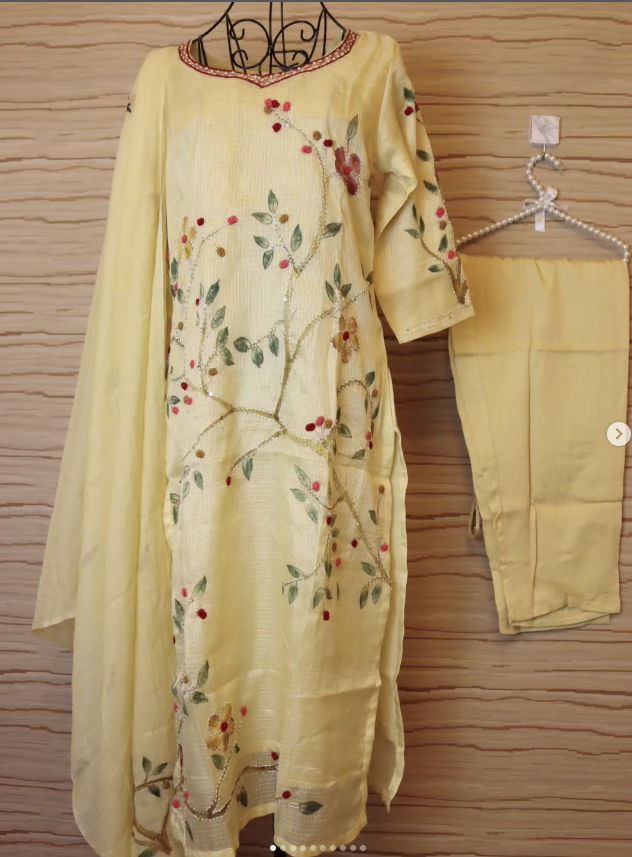 Light Beige Handcrafted Banarasi Kota Silk Set