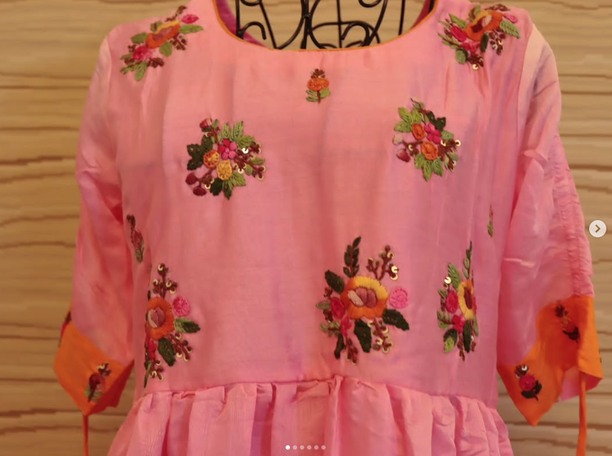 Pink Orange Mulchantheri Tie-Dye Hand-Embroidered Frock